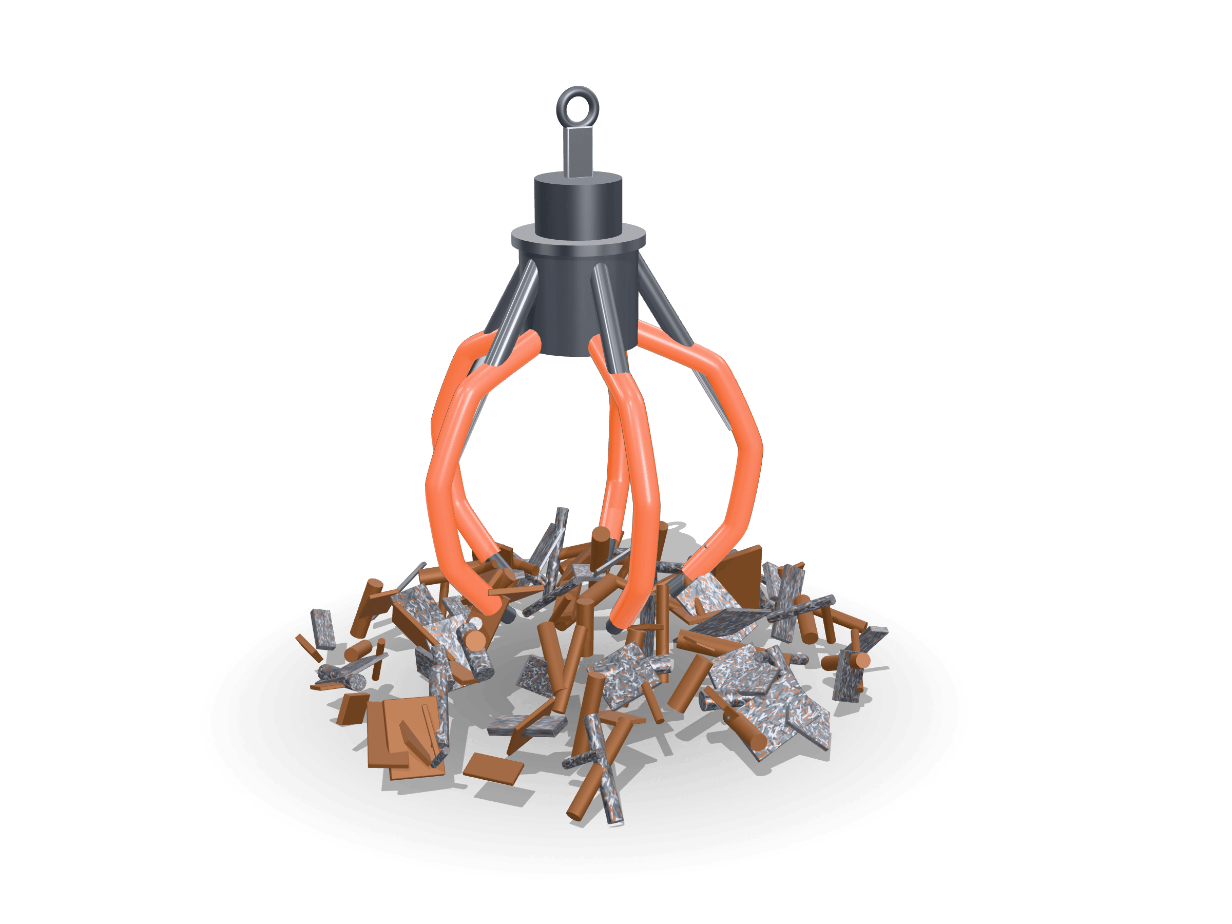 Illustration of a hydraulic orange-peel scrap grab over a pile of scrap